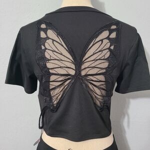 Romwe‎ Butterfly Mesh Insert Drop Shoulder Tee NWT Size Small